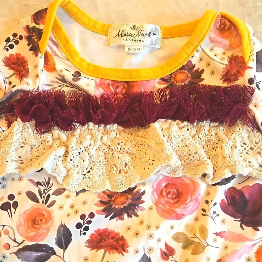 MARIE NICOLE Floral Long Sleeve Baby Romper with Ruffle Details